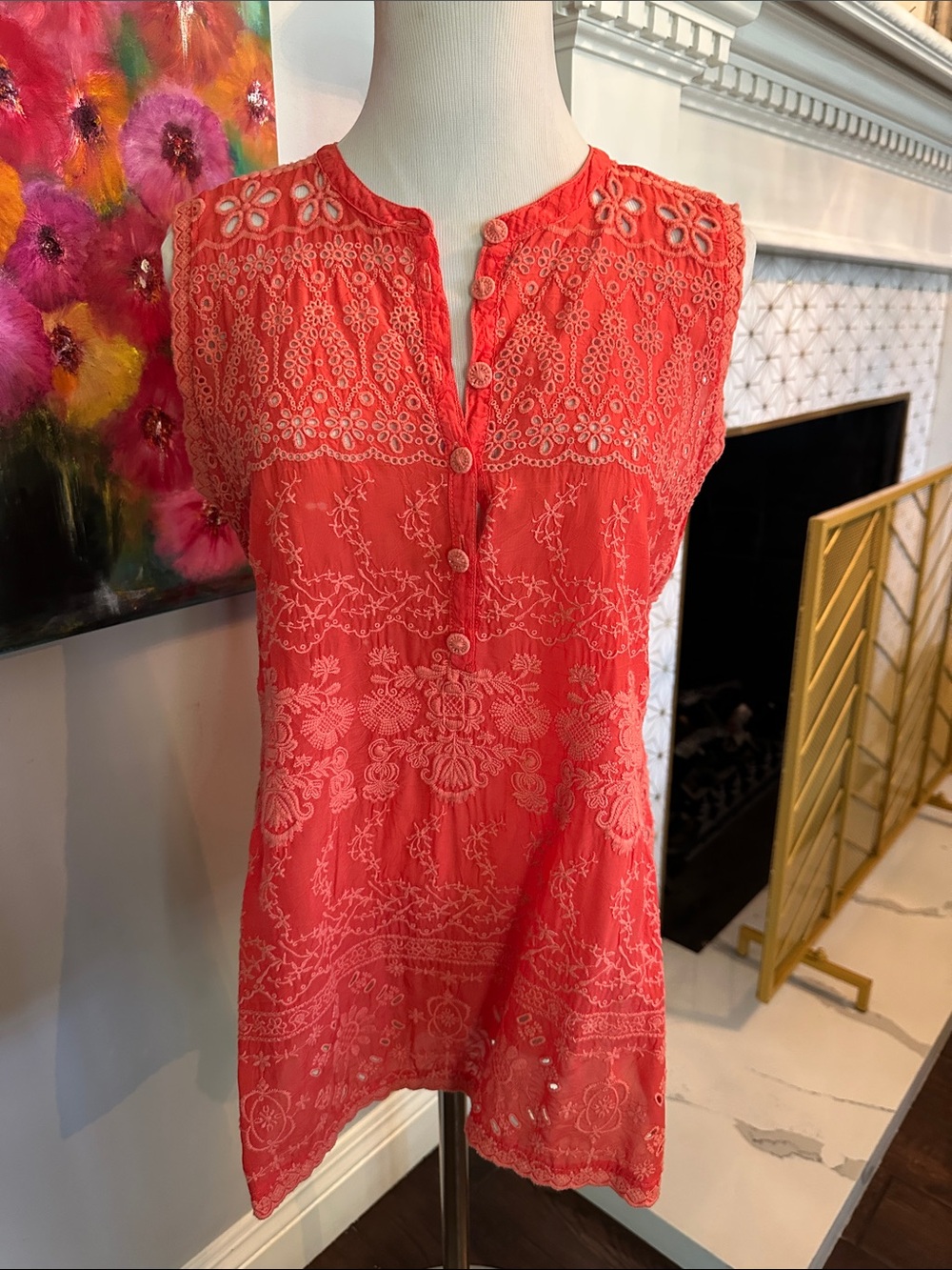 Johnny Was Coral Embroidered Sleeveless Tunic